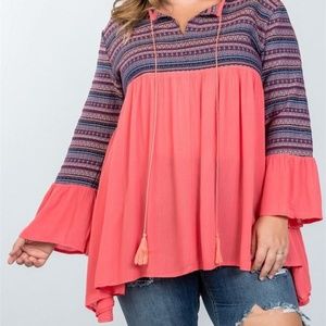 Plus Size Boho Coral tassel tie tribal tops